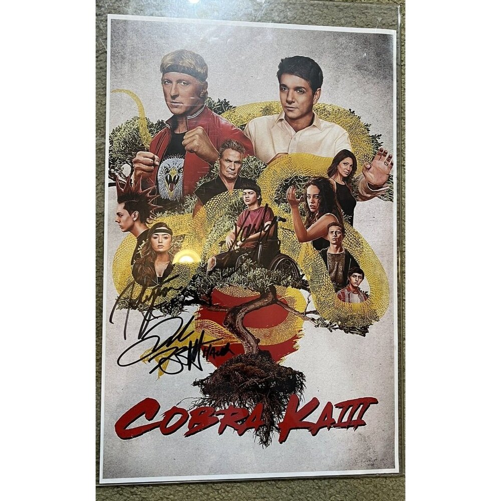 3 Cast Signed 19” Poster Peyton List,  Xolo Mariduena & Jacob Bertrand Cobra Kai